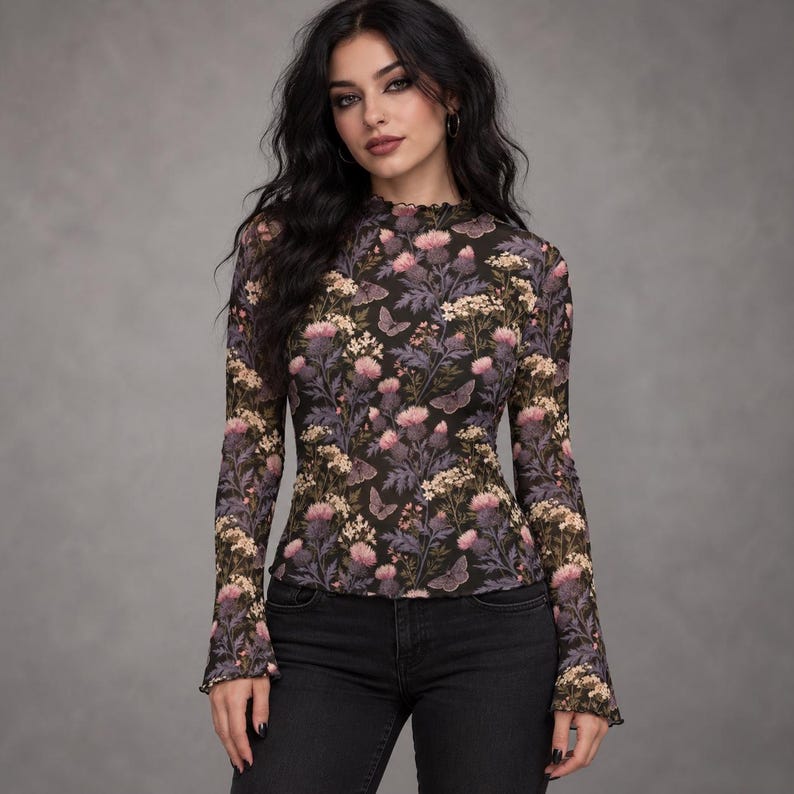 Gothic Floral Moth Mesh Top, Dark Botanical Long Sleeve Shirt, Whimsigoth Fitted Top