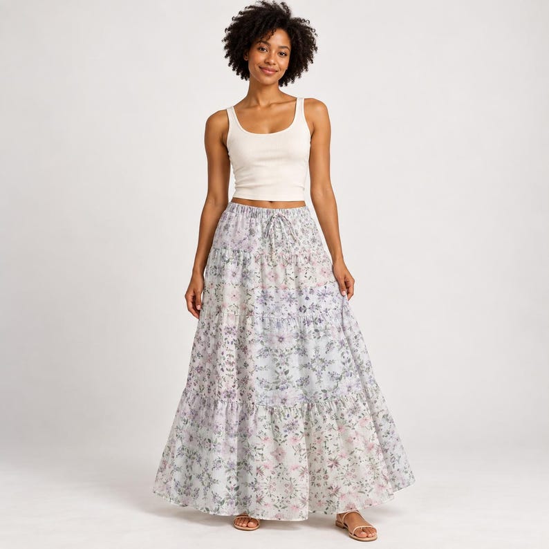 Pastel Floral Tiered Maxi Skirt