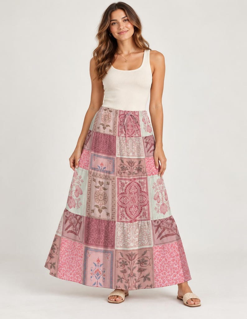 Pink Patchwork Floral Maxi Skirt, Boho Cottagecore Outfit, Vintage Inspired