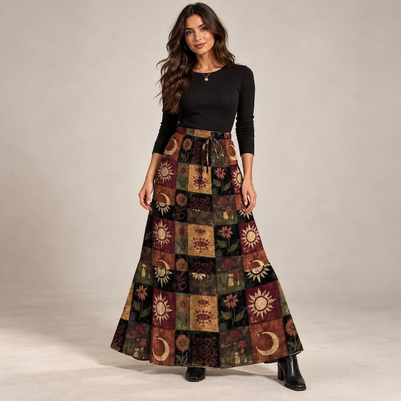 Celestial Patchwork Print Maxi Skirt