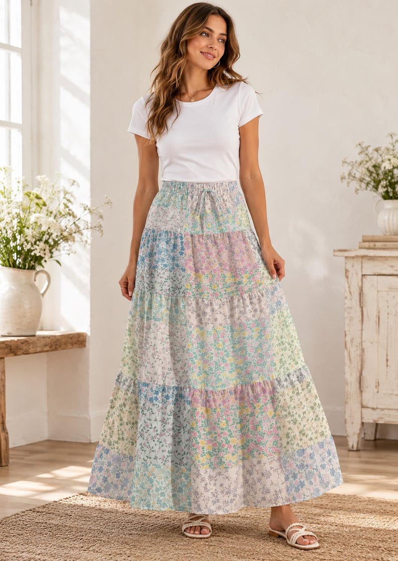 Pastel Floral Patchwork Maxi Skirt, Tiered Ditsy Flower Skirt, Cottagecore Boho Style