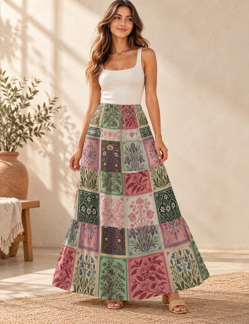 Vintage Botanical Tile Maxi Skirt, Cottagecore Boho Tiered Skirt (Pink Sage Green)