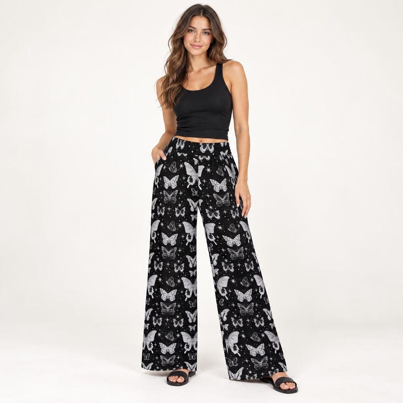Black Butterfly Wide Leg Pants, Celestial Print Rayon Trousers, Flowy Elastic Waist Pants