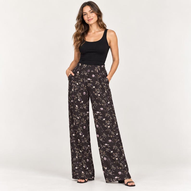 Dark Floral Wide Leg Pants, Botanical Print Rayon Trousers, Flowy Elastic Waist Pants