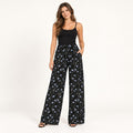Black Rayon Wide Leg Pants, Blue Floral Print, Elastic Waist Trousers