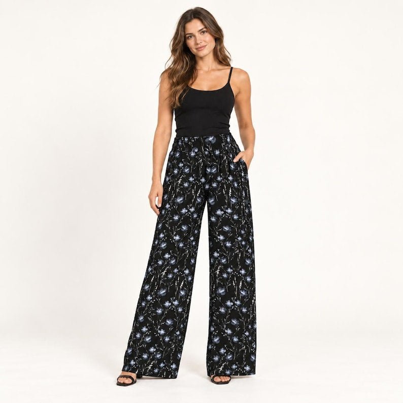 Black Rayon Wide Leg Pants, Blue Floral Print, Elastic Waist Trousers