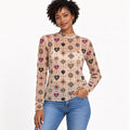 Celestial Heart Mesh Top, Sheer Long Sleeve Shirt, Sun Moon Star Print Fitted Mock Neck