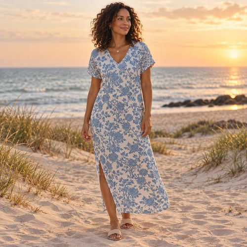 Blue Botanical Floral Maxi Dress, V-Neck Short Sleeve, Side Slit Jersey (Made to Order)
