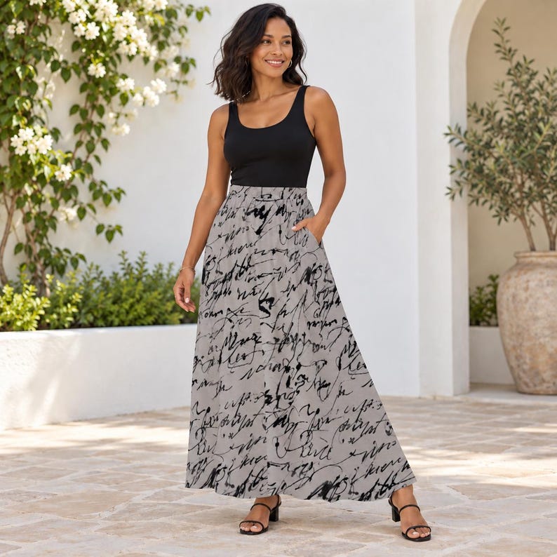 Gray Script Print Maxi Skirt, Black Handwritten A-Line Chiffon Skirt with Pockets