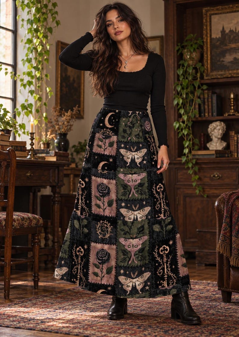 Gothic Moth Peasant Skirt, Celestial Patchwork Maxi, Boho Witchy Floral Skirt