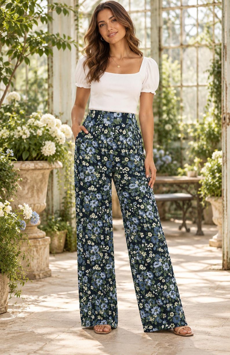 Navy Floral Wide Leg Pants, High Waist Botanical Print Trousers, Cottagecore Style