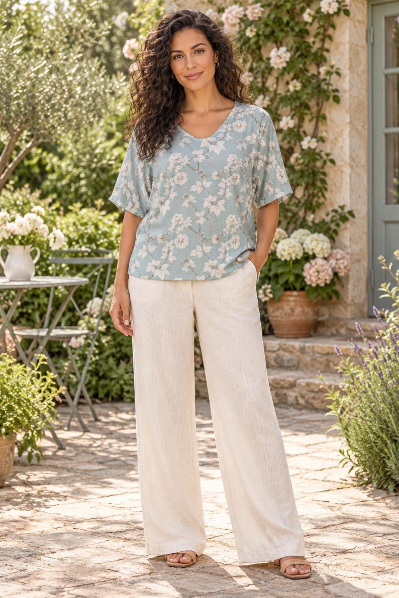 Dusty Blue Floral V Neck Top, Vintage Inspired Flower Shirt, Relaxed Bat Sleeve Blouse