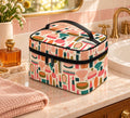 1950s Inspired Makeup Bag, Mid Century Cosmetics Print Travel Toiletry Case with Handle