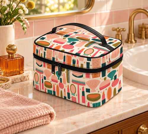1950s Inspired Makeup Bag, Mid Century Cosmetics Print Travel Toiletry Case with Handle