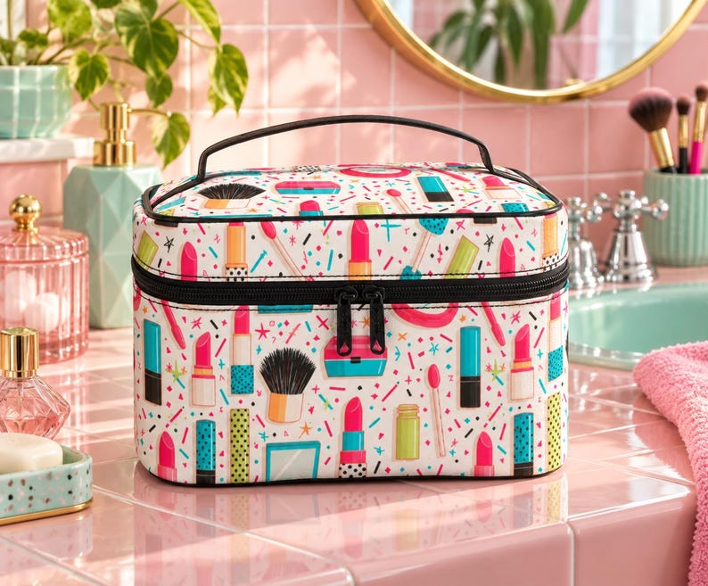 Retro 80s Makeup Bag, Colorful Cosmetics Print, Travel Toiletry Case