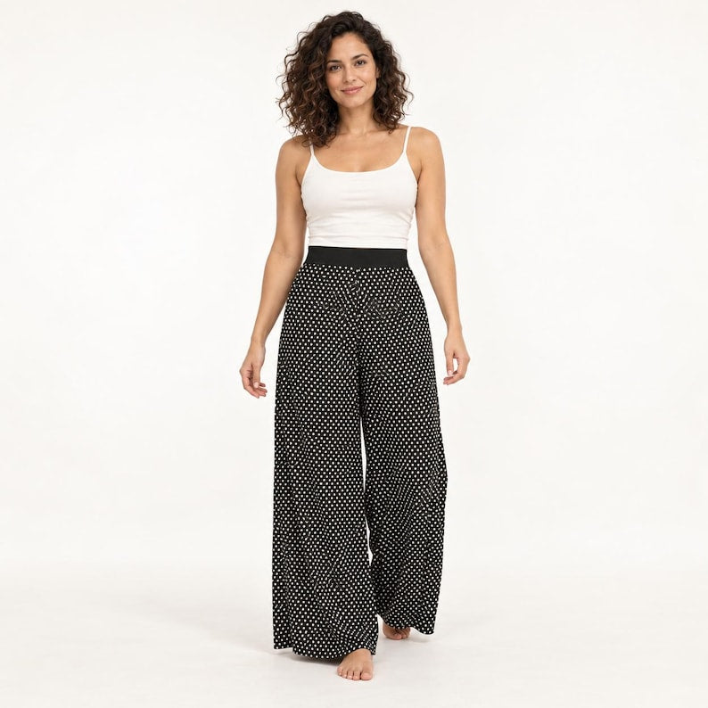 Black Polka Dot Palazzo Pants, High Waisted Wide Leg Trousers with Cream Dots