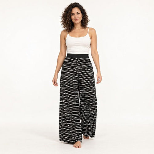 Black Polka Dot Palazzo Pants, High Waisted Wide Leg Trousers with Cream Dots
