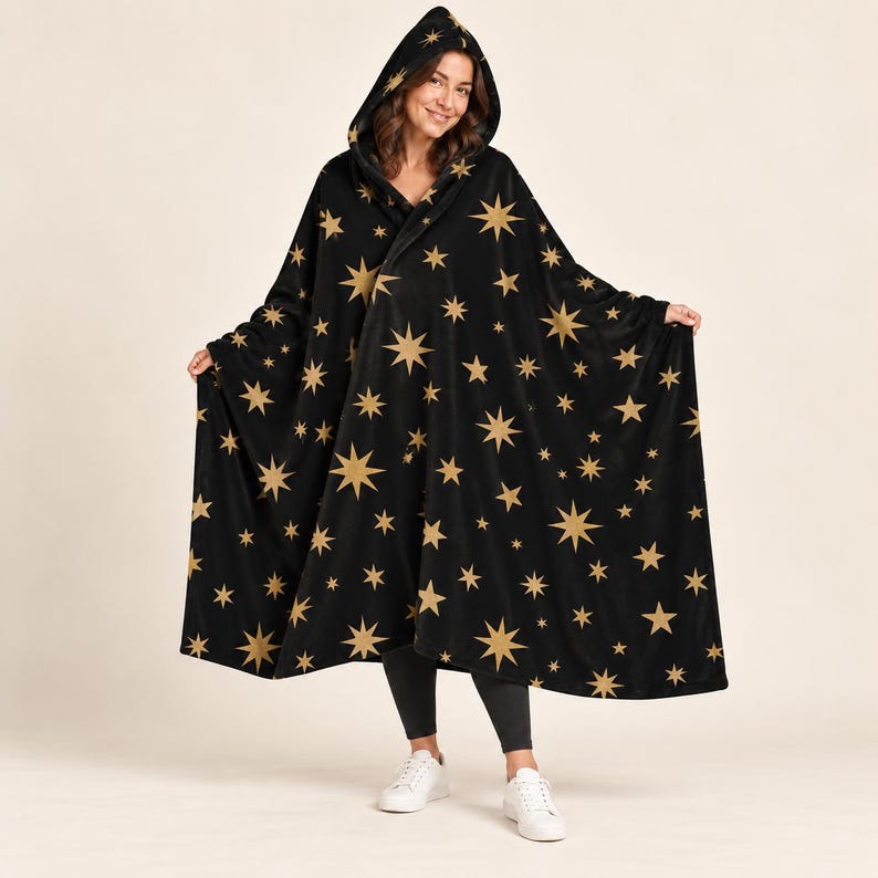 Black and Gold Star Hooded Blanket, Celestial Wearable Blanket in Three Sizes - Fleece Lining
