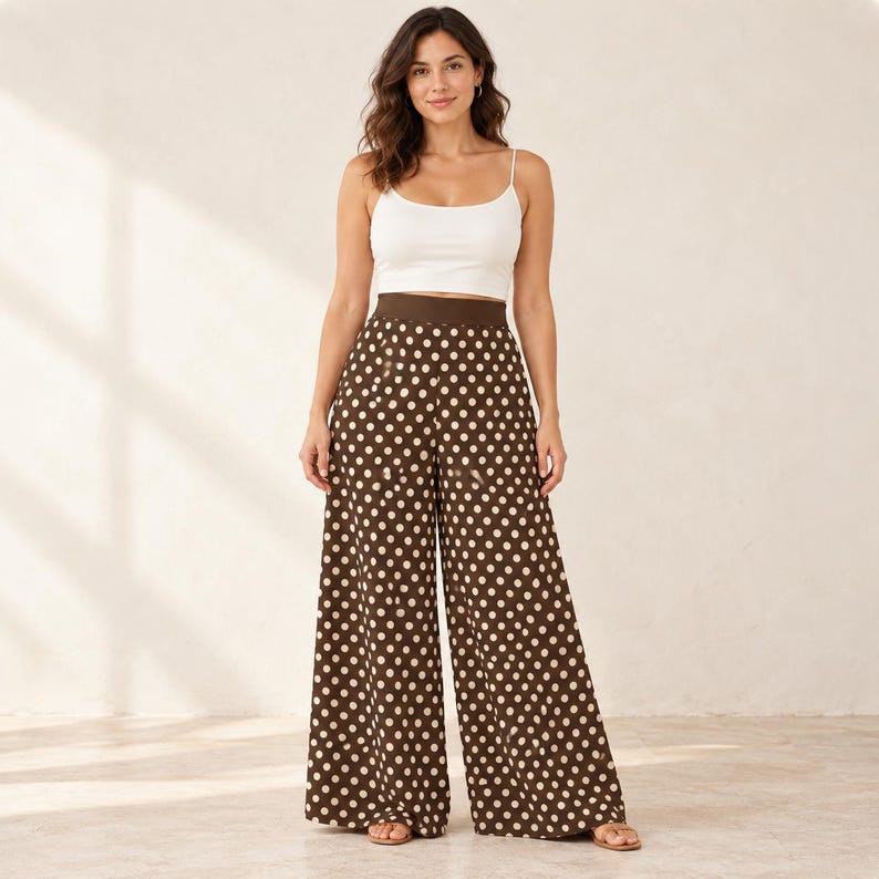 Brown Polka Dot Palazzo Pants, High Waist Wide Leg Trousers with Cream Dots