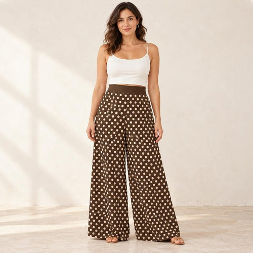 Brown Polka Dot Palazzo Pants, High Waist Wide Leg Trousers with Cream Dots