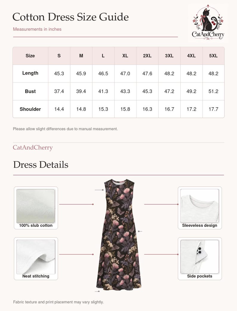 Dark Floral Thistle Midi Dress, Sleeveless Gothic Botanical Dress with Pockets - Cotton size guide in inches