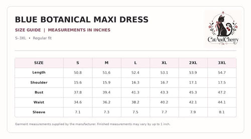 Blue Botanical Floral Maxi Dress, V-Neck Short Sleeve, Side Slit Jersey (Made to Order) size guide in inches