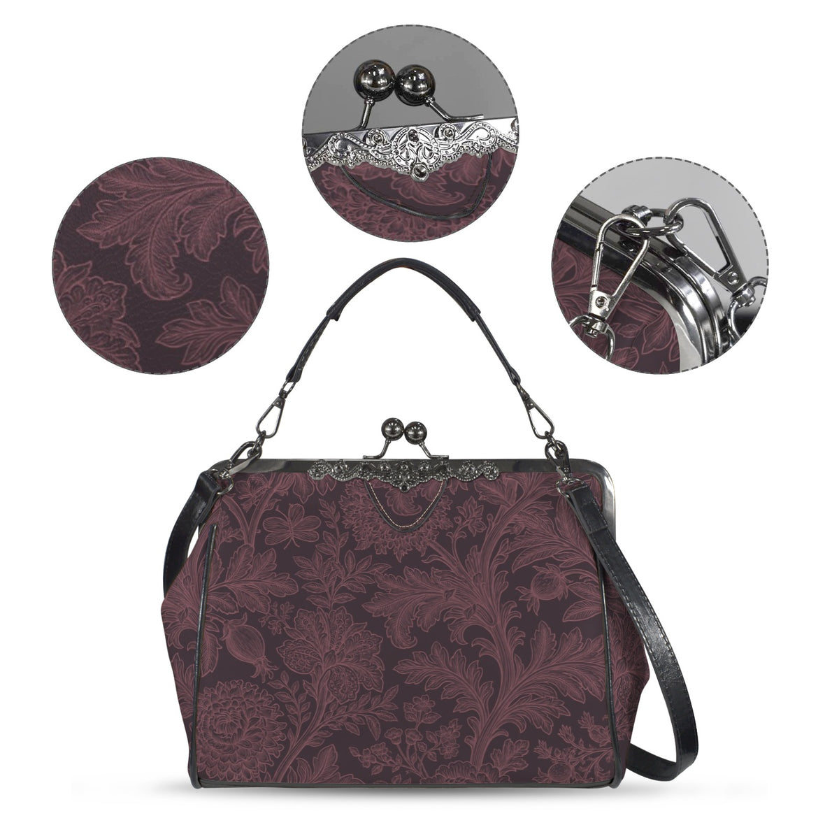 Gothic Romance Floral Kisslock Handbag – Burgundy Botanical Purse