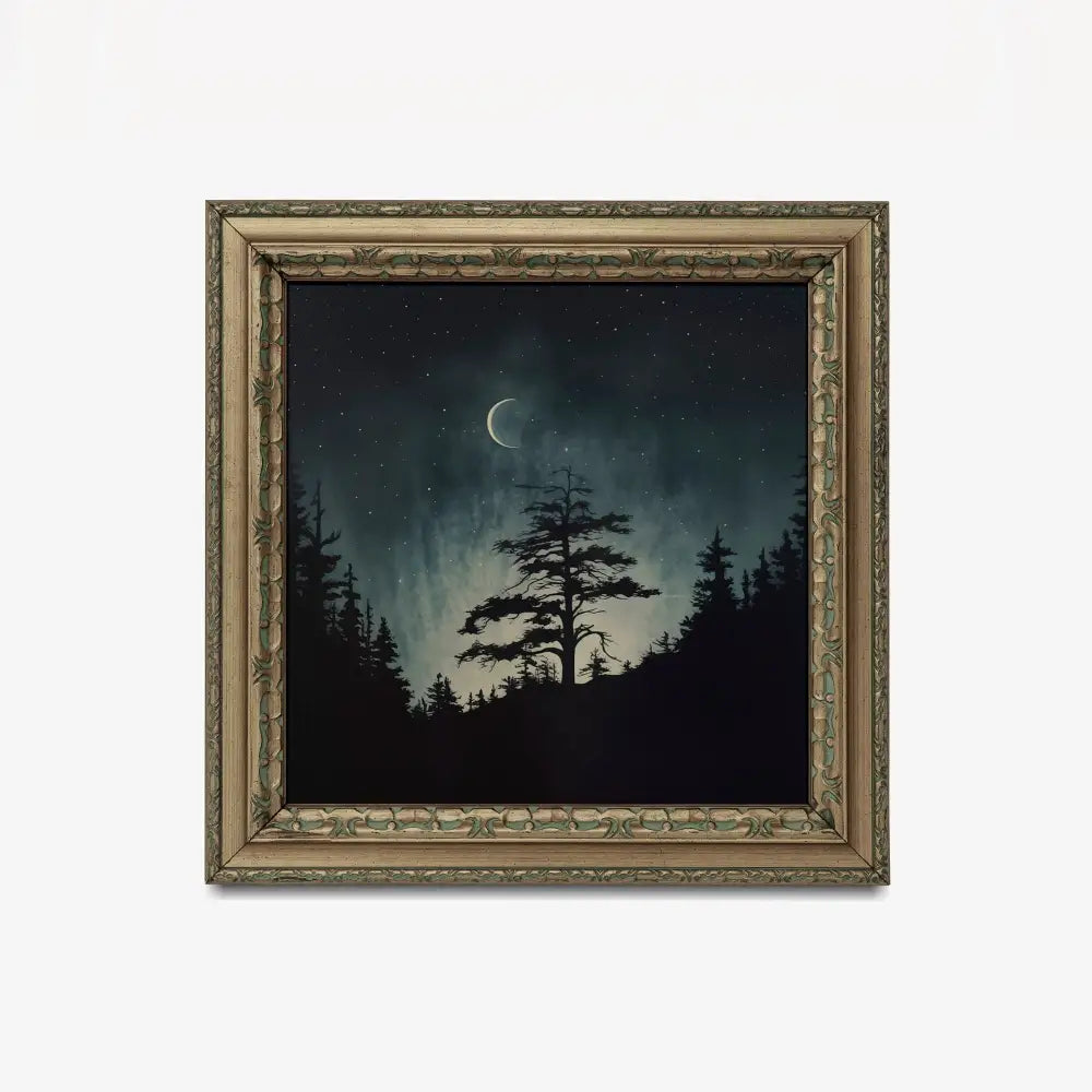 Dark Moody Landscape Painting Featuring Crescent Moon and Moody Sky for Elegant Home Decor by My Store
