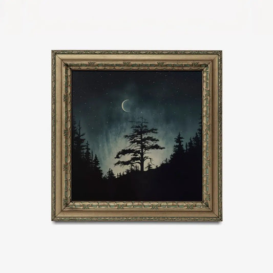 Dark Moody Landscape Painting Featuring Crescent Moon and Moody Sky for Elegant Home Decor by My Store
