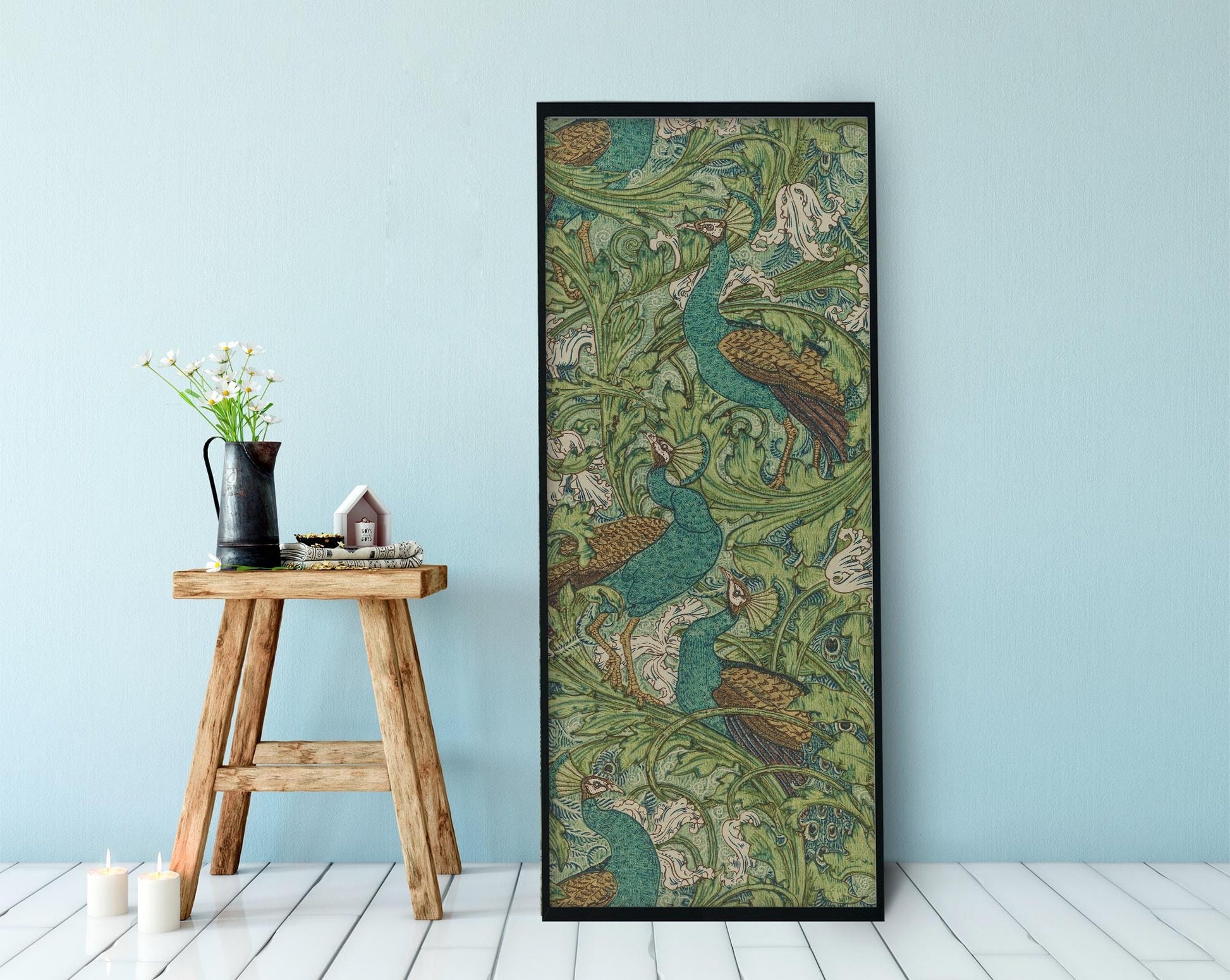 Peacock Print Poster - Art Nouveau - Bohemian Bird - Print Large Artwork - Blue and Green Peacock Wallpaper - Long Poster - Walter Crane