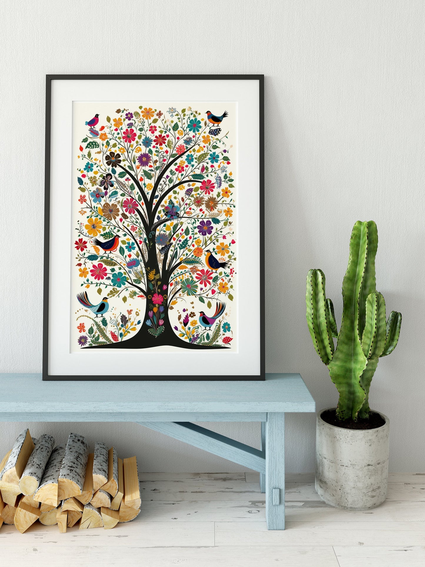 Tree Of Life Print - Colorful Floral Tree with Birds - Tree Poster Art