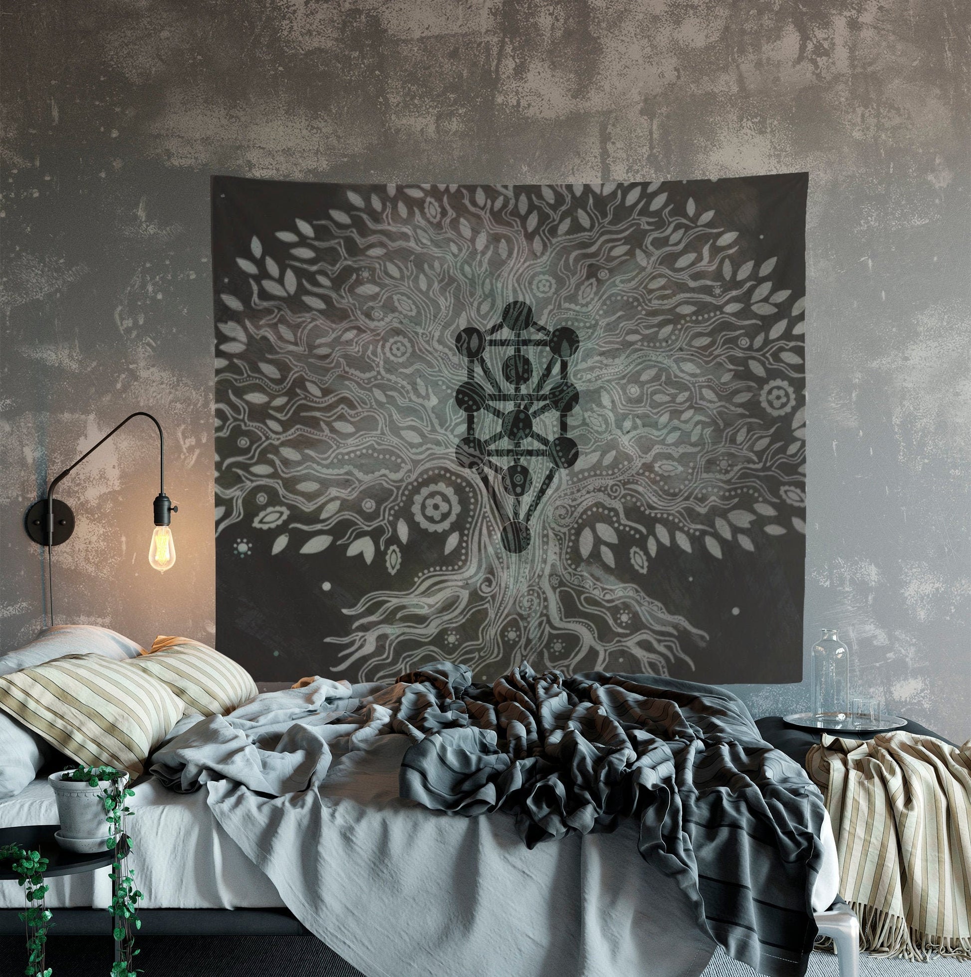 Tree Of Life Mandala Kabbalah  Wall Tapestry Neutral Colors Yoga