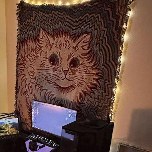 Louis Wain Cat Woven Blanket Tapestry Throw Featuring Cat Illustration Crafted In USA Jacquard Cotton by DesignBohemian