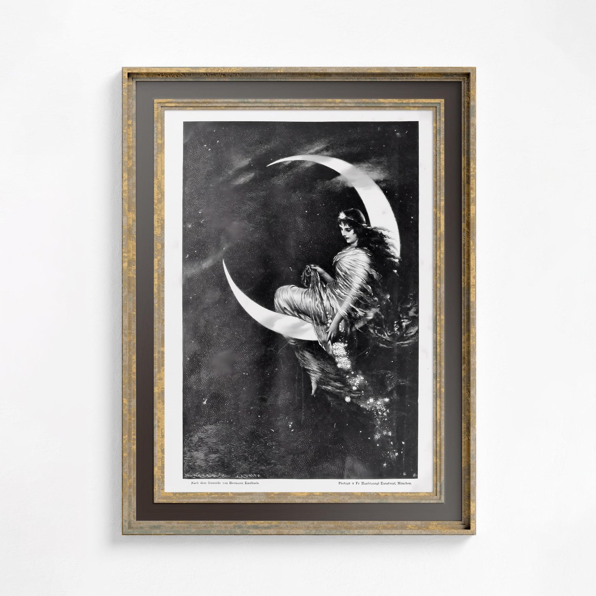 Moon Goddess Art Print - Black and White - Vintage Nouveau
