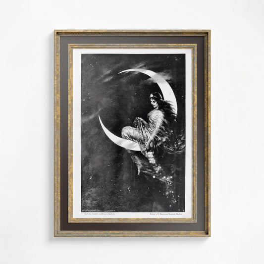 Moon Goddess Art Print - Black and White - Vintage Nouveau