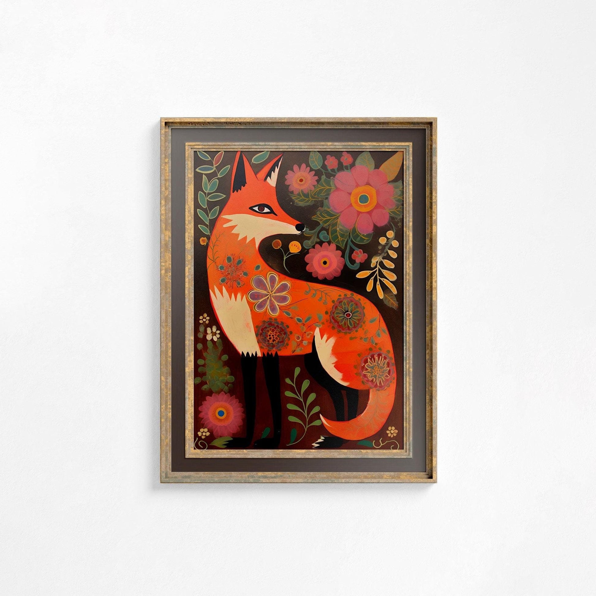 Cute Red Fox - Folk Art Fox Print - Fox Wall Art - Spirit Poster - Fox and Flowers - Vintage Fox Art