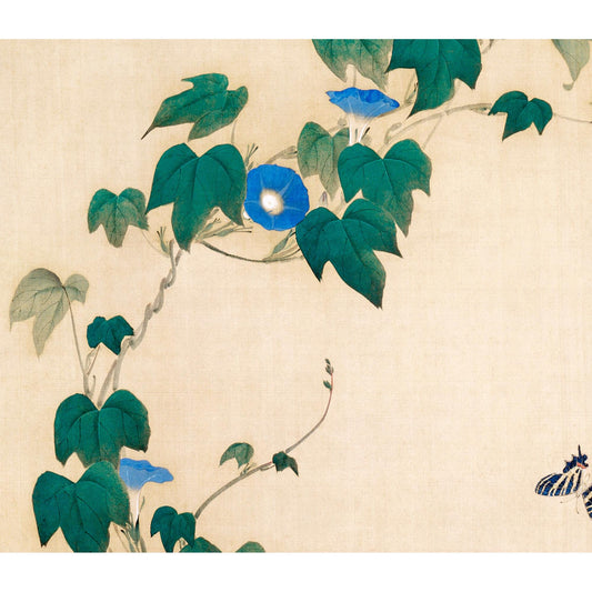 Japanese Morning Glories Moody Floral Print Dark Green and Blue by DesignBohemian
