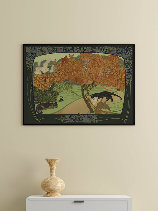 Nouveau Cats Print Large Green Beige Floral Art Nouveau Poster by DesignBohemian