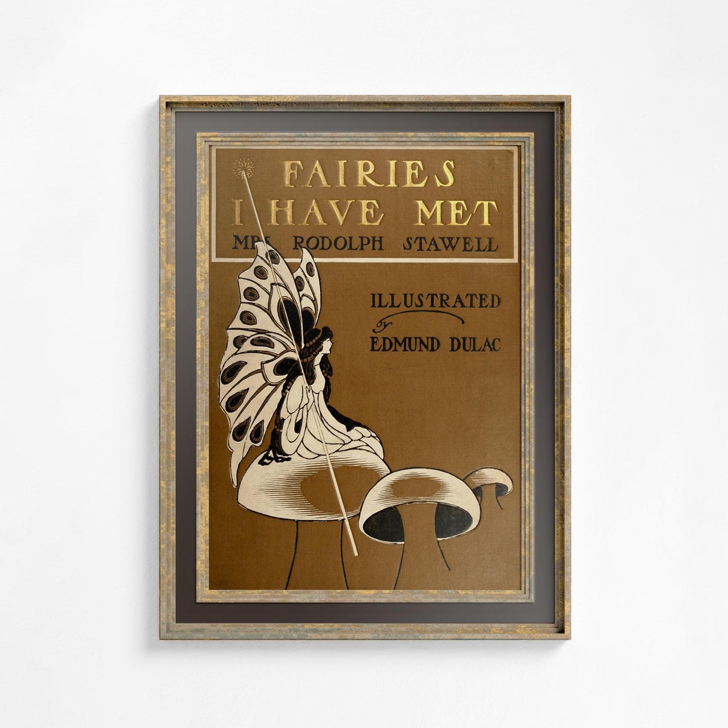 Vintage Fairy Book Cover Print - Beige and Gold - Art Nouveau Poster - Butterfly Floral Print - Bohemian Print Large Artwork