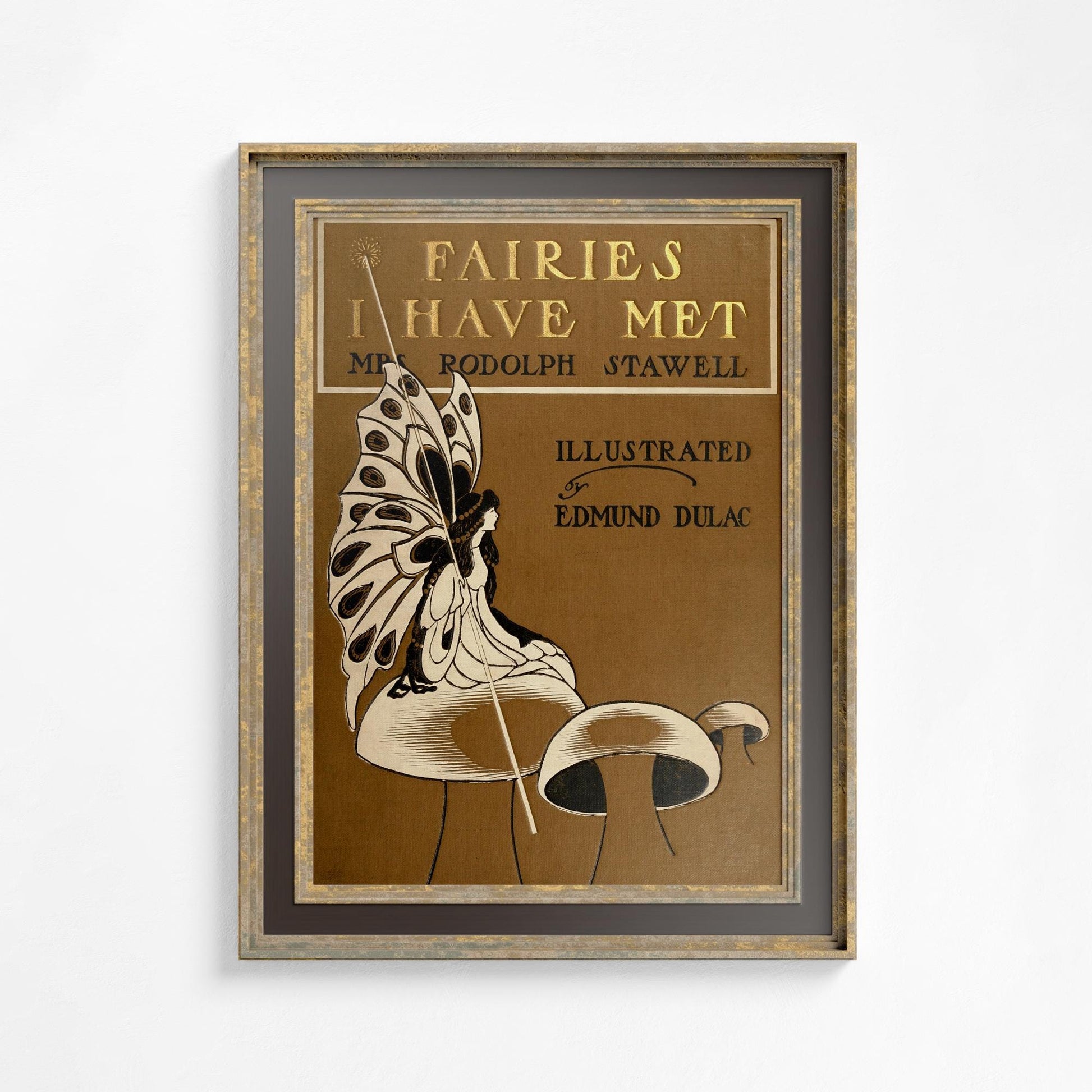 Vintage Fairy Book Cover Print - Beige and Gold - Art Nouveau Poster - Butterfly Floral Print - Bohemian Print Large Artwork