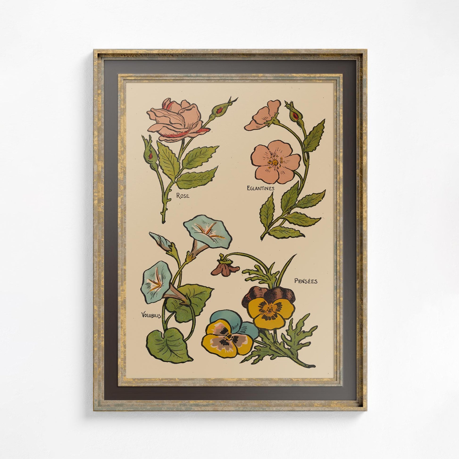 Vintage Floral Art - French - Nouveau Print - Bohemian Print Large Artwork - Beige