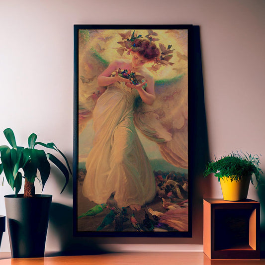 Art Nouveau Angel Print - Vintage Poster - Beige - Angel and Birds - Long Poster