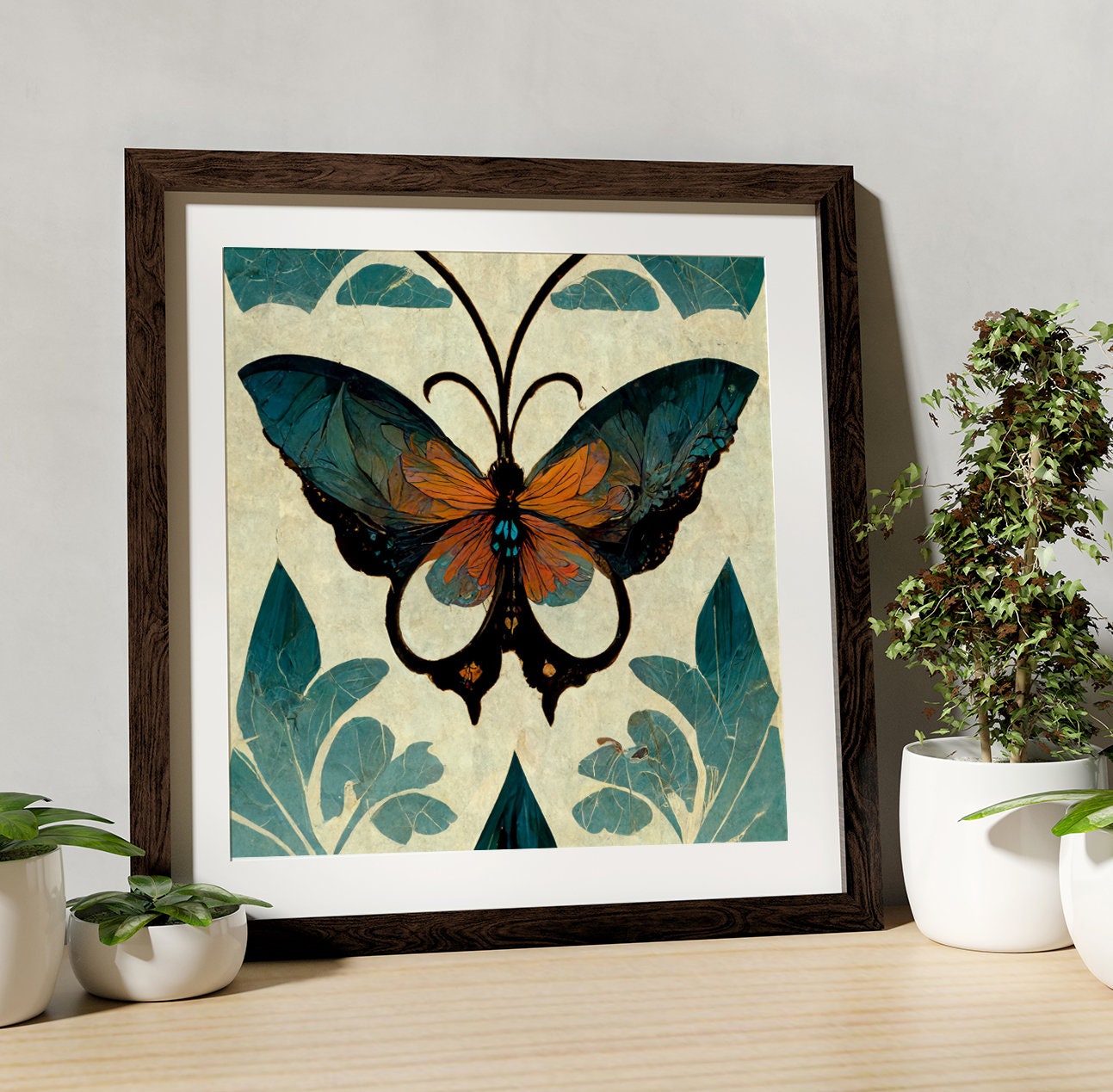 Butterfly Mandala Print - Art Nouveau - Flower Print Square