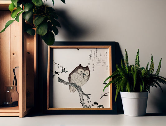 Cute Vintage Owl Print - Square Owl Print - vintage Japanese print by Kubota Shunman