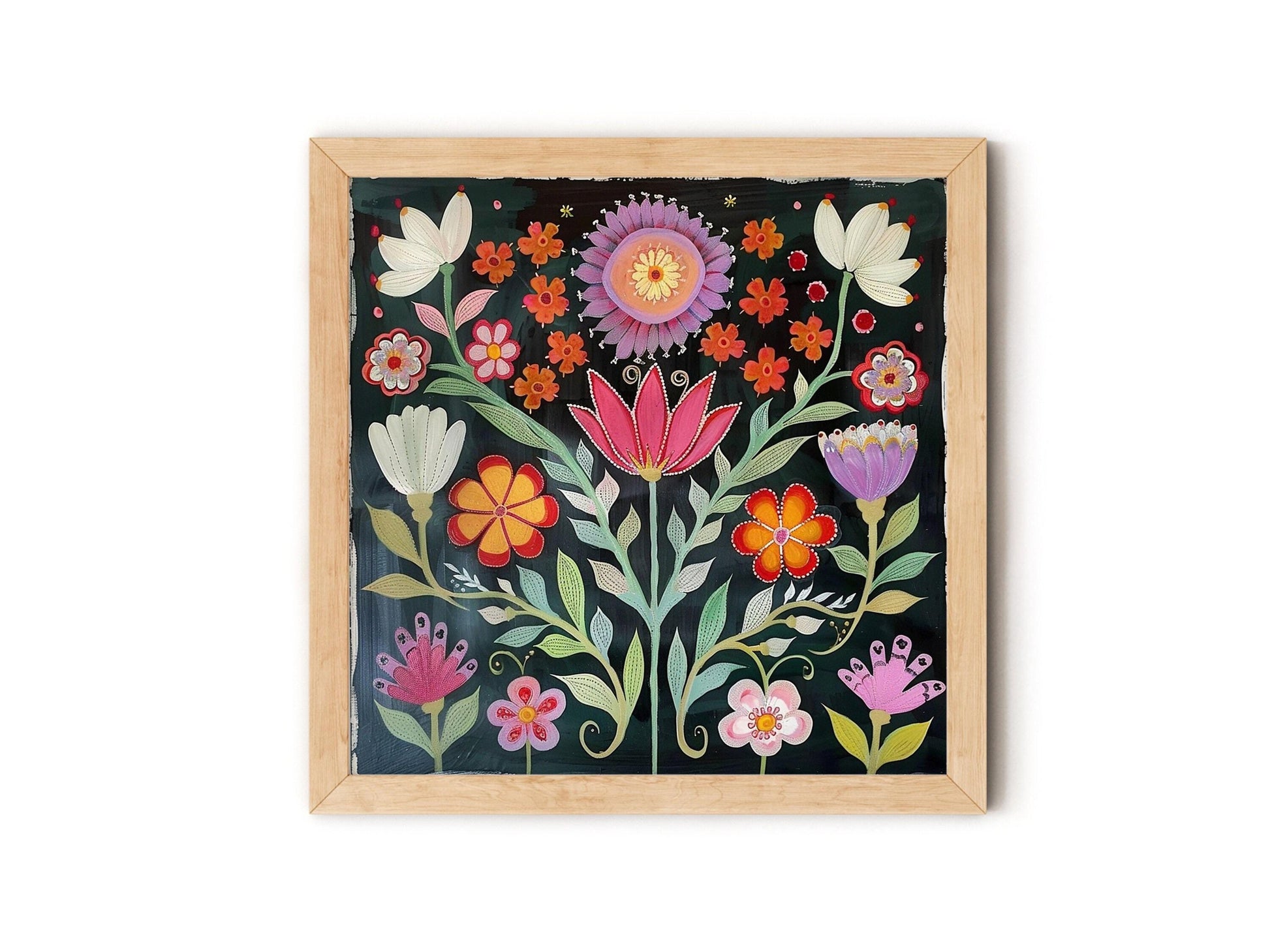 Folk Art Flowers - Colorful Folk Art Floral Print - Black Background