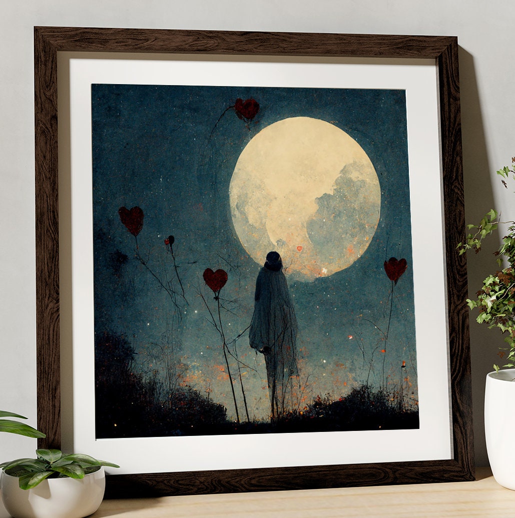 Gothic Painting Moon and Hearts Print - Surreal Poster