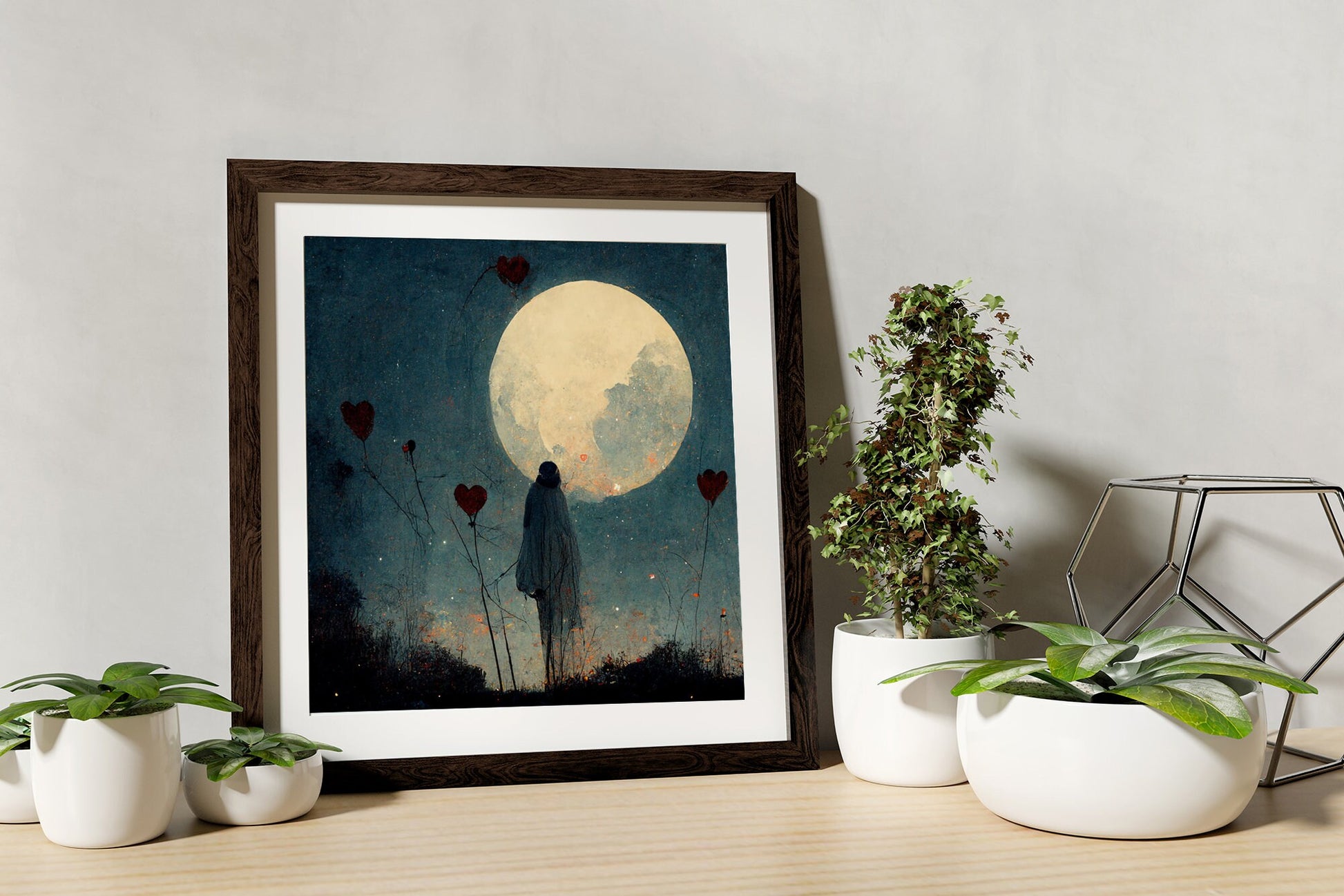 Gothic Painting Moon and Hearts Print - Surreal Poster