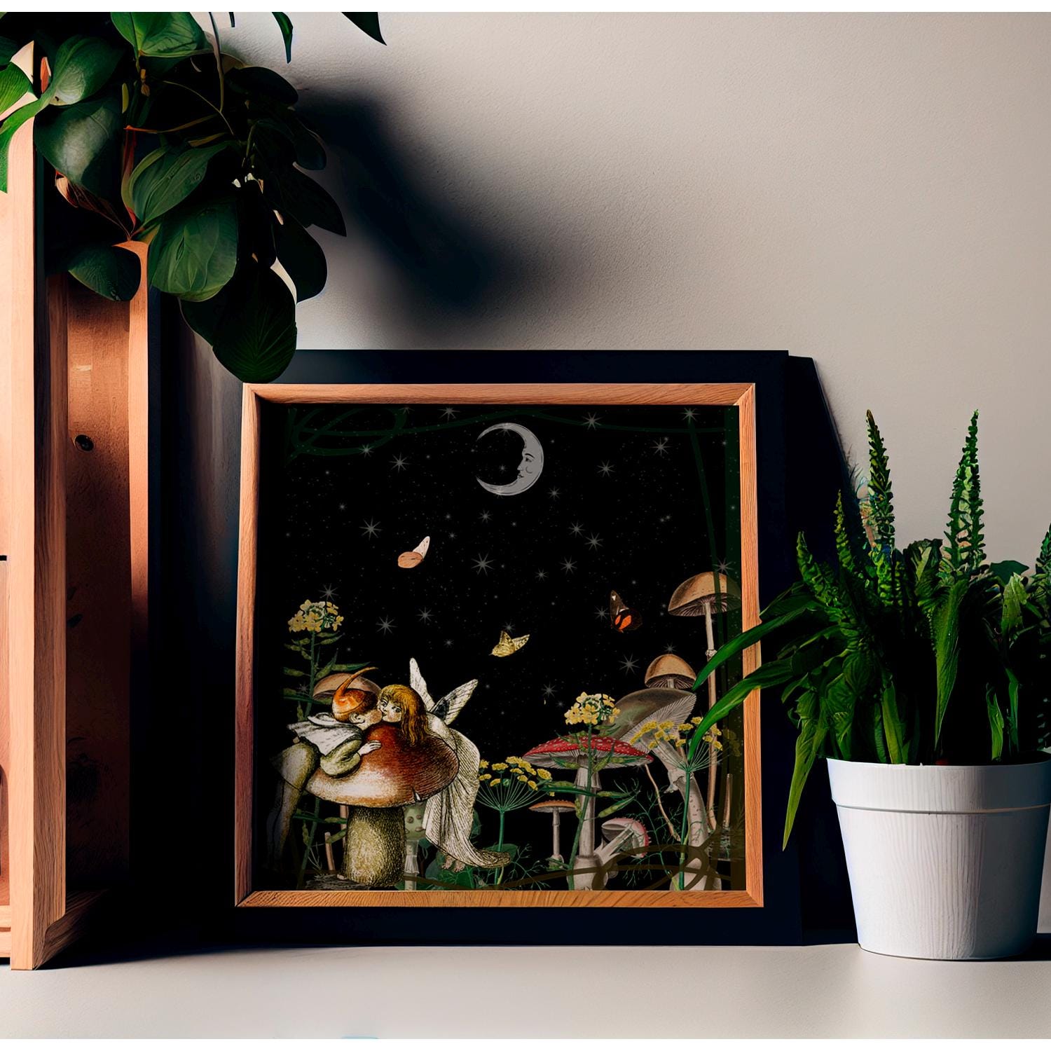 Mushrooms Fairies and Butterflies - Square Print - Vintage