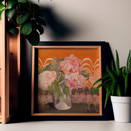 Peonies Painting - Vintage Floral Square Print - Orange and Pink
