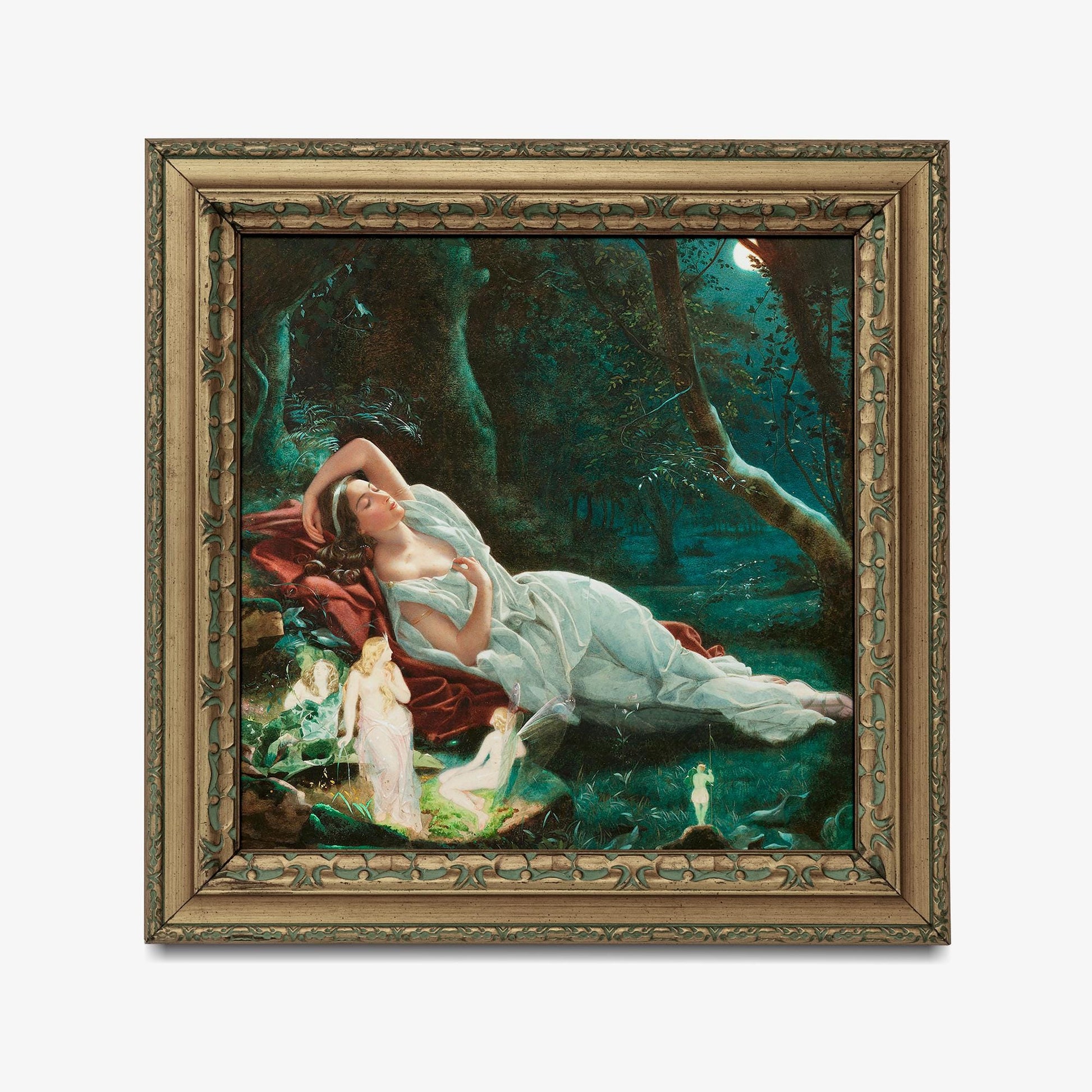 Vintage Fairies - Green Painting - Titania Sleeping in the Moonlight - For Your Sacred Space